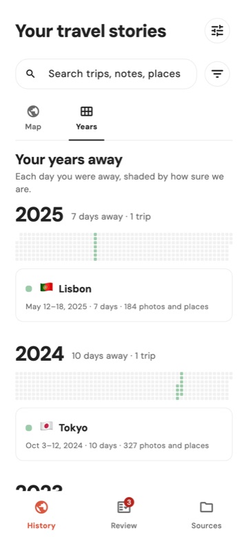 WhimAway's Years view: each year as a strip of small squares, one per day, with the days you were away shaded green, and that year's trips beneath.